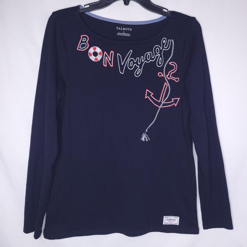 Talbots Top Small Navy Blue Bon Voyage Anchor Nautical Embroidered